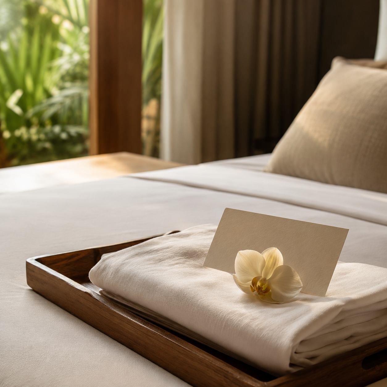Wooden tray with folded linen, orchid, and a handwritten welcome card on a guest bed