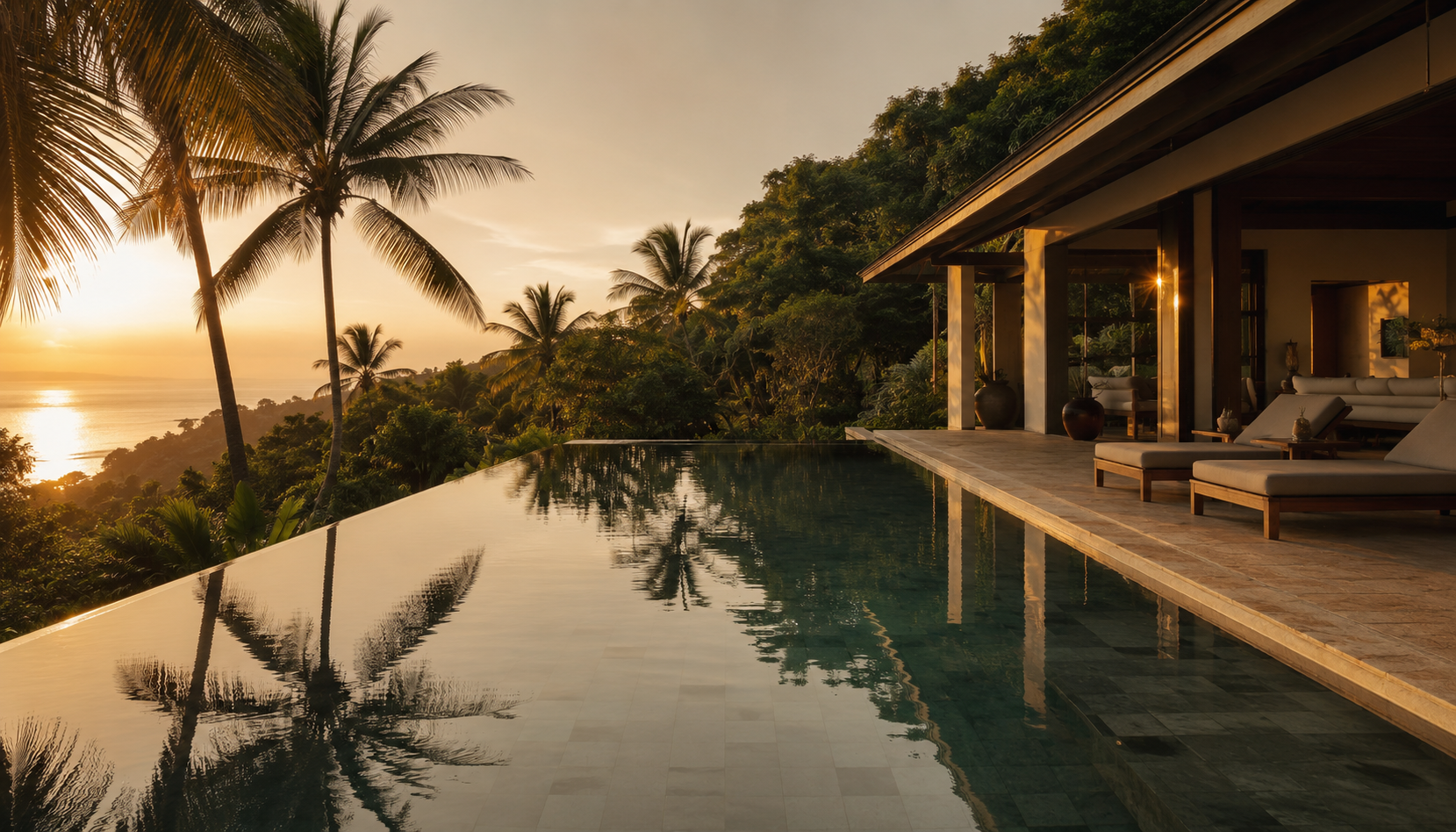 Infinity pool villa at sunset overlooking a tropical coastline